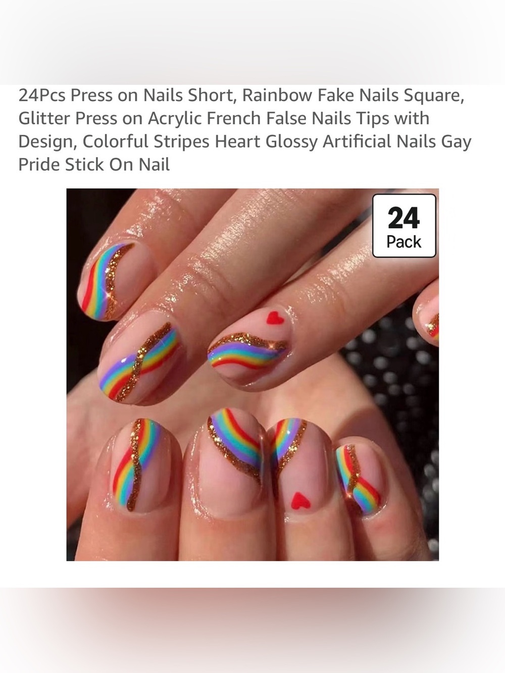 Rainbow Heart Press-On Nails - 24 Pack, Multicolor Glitter Accent New